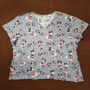 Disney Scrub Top 3XL Houndstooth Mickey Minnie Mouse Heart Gray Black Womens - Picture 1 of 10