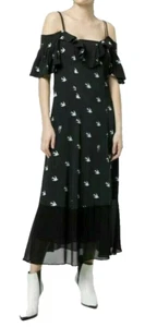 McQ Alexander McQueen Blue Swallow Print tiered hem Maxi Dress Strap Size 14 New - Picture 1 of 12