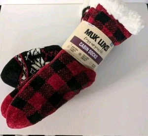 MUK LUKS Unisex Cabin Socks 2 pk L/XL 8-10 Red Black Buffalo Plaid Non Skid Grip - Picture 1 of 7
