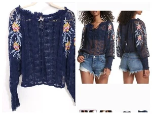 Free People Jubilee Blue Mesh Lace Embroidered Floral Boho Sheer Fairy Top Med - Picture 1 of 17