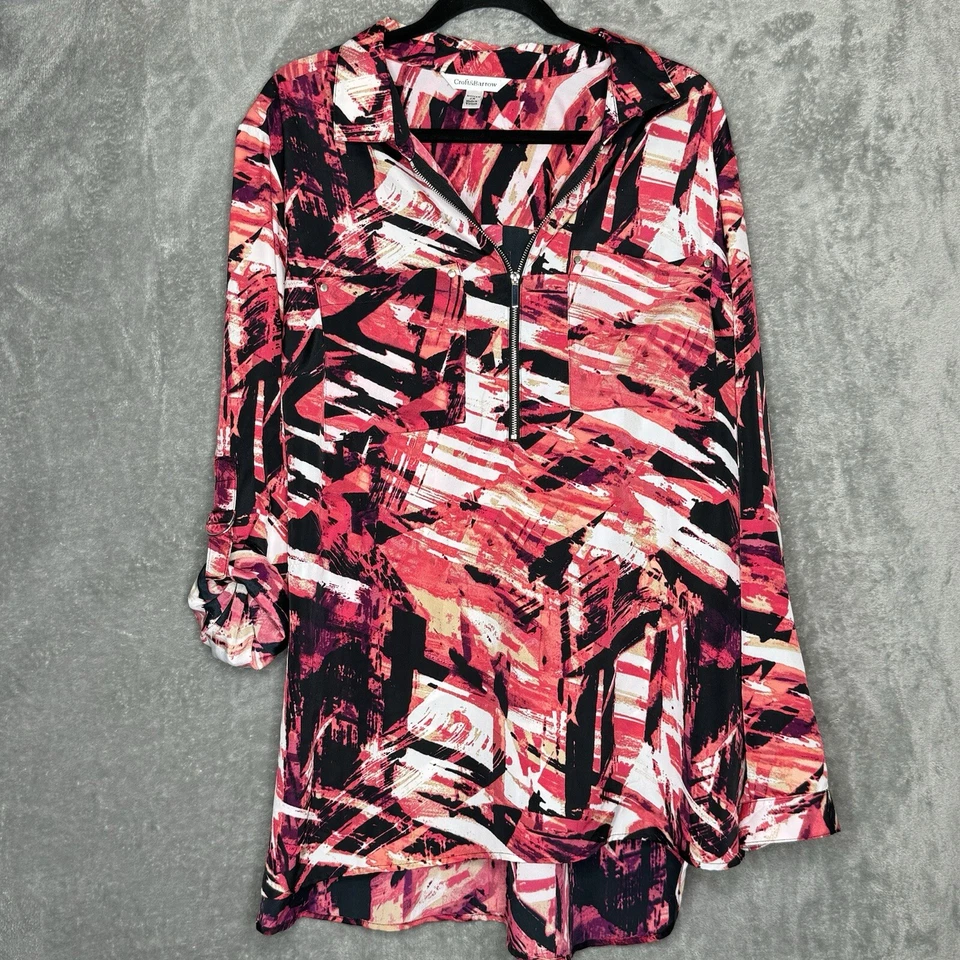 Croft & Barrow 2X Camisa Top Rosa Abstracto Pestaña Manga Larga Cremallera Cuello en V Alto Bajo Foto 1 de 4
