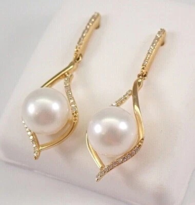 14k Yellow Gold Plated 2Ct Round Pearl-Real Moissanite Dangle-Drop Earrings Gift - Image 1 of 4