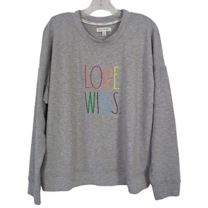 Rae Dunn women's size L gray sweatshirt colorful words LOVE WINS Crew Neck - Picture 1 of 12