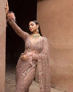 Camicetta sari stile Bollywood sari indiano etnico pakistano matrimonio abbigliamento designer - Foto 1 di 3