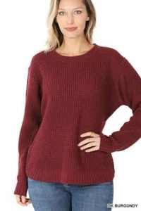 Hi-Low Long Sleeve Round Neck Waffle Sweater - Picture 1 of 2