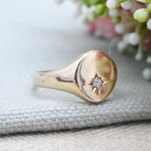 Vintage 9 kt Gold Diamant Siegelring 1961 mit Starburst Design - groß klobig - Bild 1 von 8