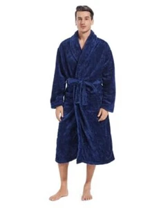 Mens Plush Fleece Robe, Cozy Warm Bathrobe Fuzzy Male Large-X-Large Navy Blue - Picture 1 of 7