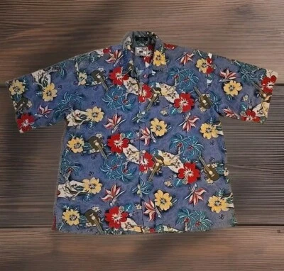 Vtg Mens Large Hawaiian SS Shirt Floral Blue Cotton Blend Button Hong Kong  - Image 1 of 4