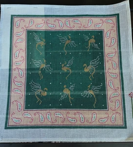 Persian Evening Handpainted Needlepoint 14 x 14" Birds Paisley Green Pink HHG - Picture 1 of 18
