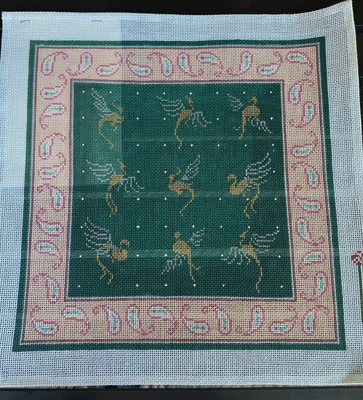 Persian Evening Handpainted Needlepoint 14 x 14" Birds Paisley Green Pink HHG - Image 1 of 4