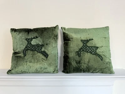 Vintage Pottery Barn TWO Hunter Green Velvet Beaded Reindeer Pillows Square 11" - Image 1 of 4