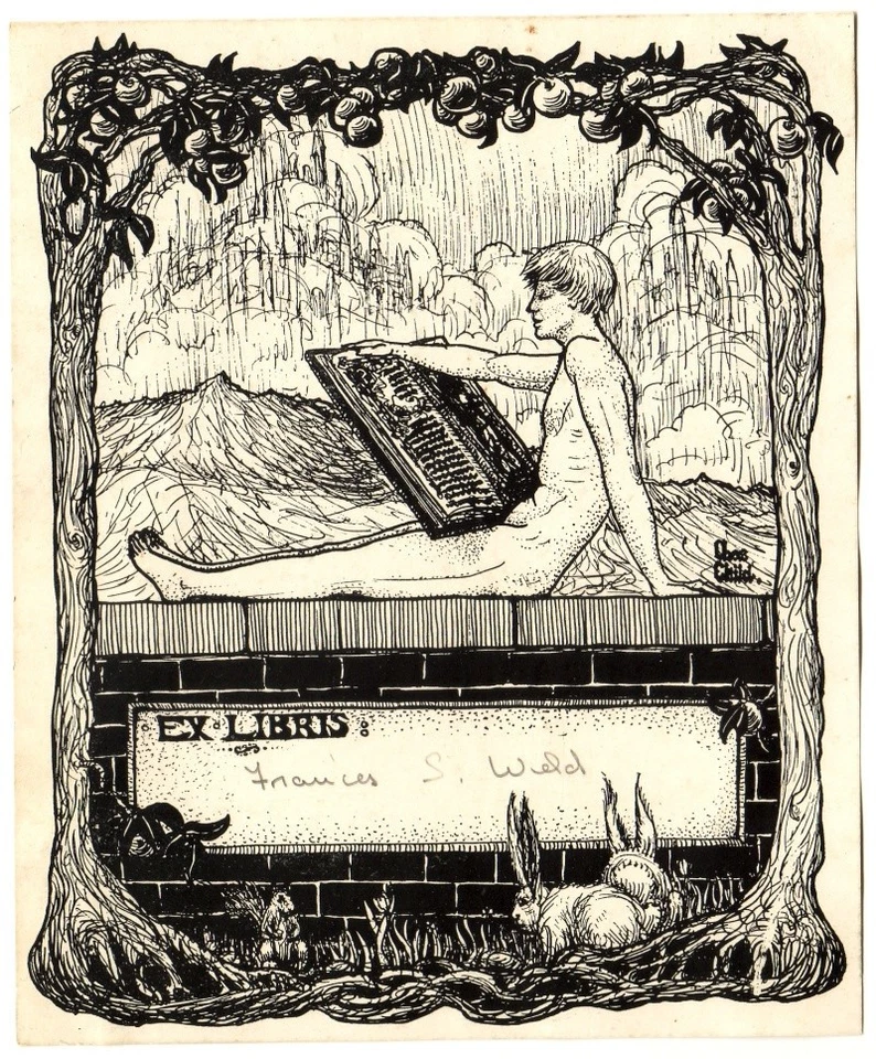 ANONYM (unleserlich): Universal-Exlibris, männlicher Akt mit Buch - Bild 1 von 1