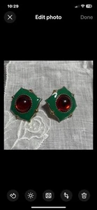 Vintage Gold Green Enamel Red Cabochon Tone Pierced Earrings HP-49 - Picture 1 of 5