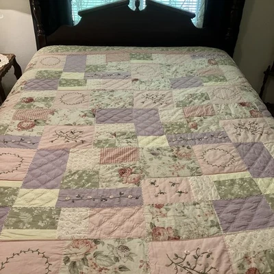 shabby chic Green Pink Floral Embroidered Beaded Bedding DRY CLEAN 86x86 - Image 1 of 4