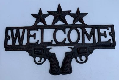 Letrero de placa de hierro fundido PISTOLA BIENVENIDA rancho rústico estilo occidental hombre cueva vaquero Foto 1 de 4