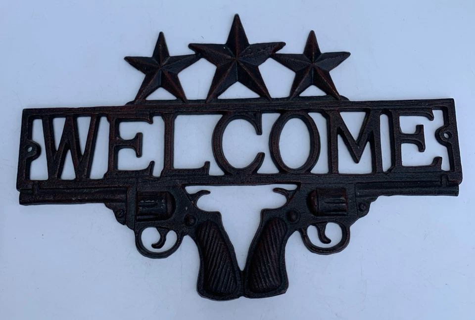 Letrero de placa de hierro fundido PISTOLA BIENVENIDA rancho rústico estilo occidental hombre cueva vaquero Foto 1 de 4