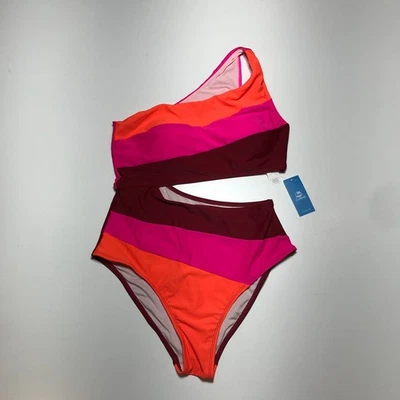 NUEVO CON ETIQUETAS CUPHE Traje de Baño para Mujer 1 Pieza Un Hombro Recorte Bloque de Color Rosa Naranja L Foto 1 de 4