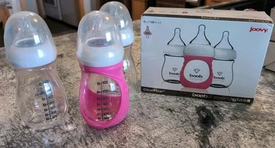 Joovy Boob Diamond Glass Baby Bottles 5oz Pink Silicone Sleeve 3 bottles to set - Image 1 of 4