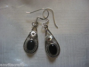 SILVER BLACK ONYX OR DARK MOONSTONE ANJU EARRINGS INDIA - Picture 1 of 6