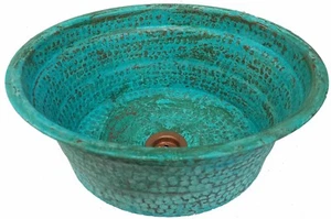 Handmade Green Patina Aged Oxidized Gypsy Verde Copper Bathroom Sink Remodel - Picture 1 of 5