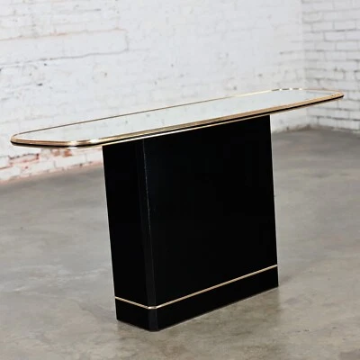 Postmodern Sofa or Console Table with Mirror Top & Black Lacquered Pedestal Base - Image 1 of 4