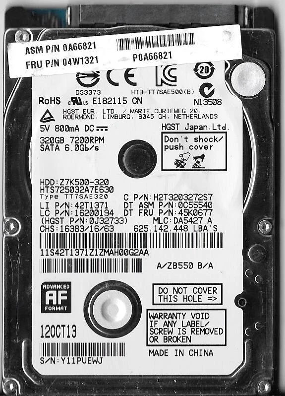 HGST HTS725032A7E630 320GB Sata Hard Drive P/N: 0J32733 MLC: DA5427 - Image 1 of 2