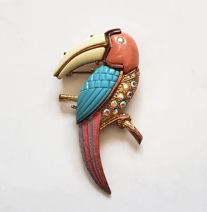 Vintage Hattie Carnegie Stil Strass goldfarben Plexiglas Tukan Vogel Brosche Anstecknadel - Bild 1 von 6