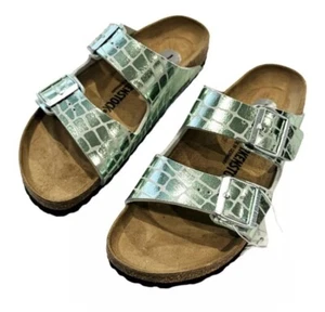Birkenstock Arizona Gator Gleam Green Silver Metallic Arizona Sandals Sz 41 - Picture 1 of 9