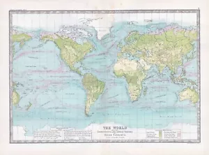 1912 Antique Map WORLD MAPS Land Surface Ocean Currents (BWM4-3) - Picture 1 of 1