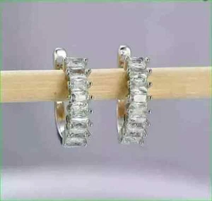 2Ct Baguette Lab Created Diamond Huggie Hoop Earrings 14k White Gold Plated - Picture 1 of 4