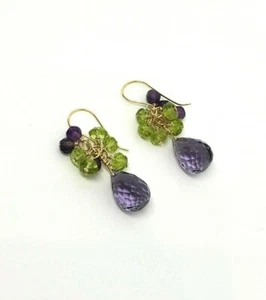14k Yellow Gold Amethyst and Peridot Briolette Cluster Waterfall Dangle Earrings - Picture 1 of 5