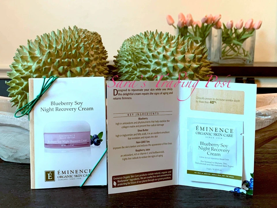 6 Eminence Blueberry Soy NIGHT RECOVERY CREAM Card Samples 3ml/.10oz + Bonus 🎁 - Image 1 of 1