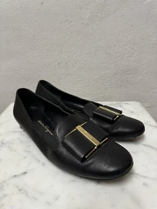 Salvatore Ferragamo Black Leather Sarno Varina Bow Flats Shoes US 6C - Picture 1 of 8