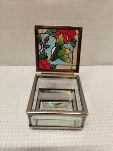 Vintage Glass and Mirror trinket box hummingbird lid 1.5" x 2.25" - Picture 1 of 9
