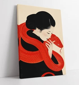 STAMPA ARTE DA PARETE SU TELA CON CORNICE PROFONDA SERPENTE ROSSO GEISHA GIAPPONESE - Foto 1 di 2