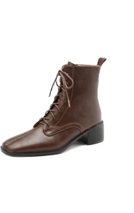 TinaCus Women's Handmade Genuine Leather Lace Up Square Toe Ankle Boot Size 9 - Picture 1 of 3