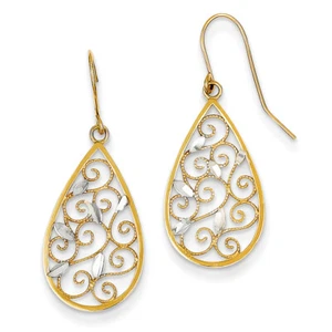14k Yellow Gold & Rhodium D/C Filigree Teardrop Wire Earrings K4363 - Picture 1 of 1