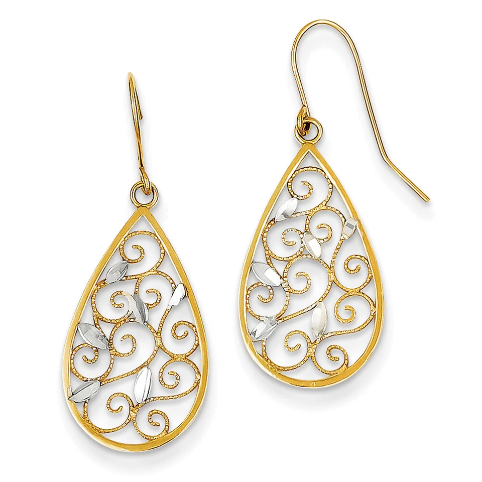 14k Yellow Gold & Rhodium D/C Filigree Teardrop Wire Earrings K4363 - Image 1 of 1
