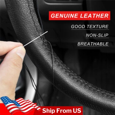15" Anti-slip DIY Genuine Leather Car Steering Wheel Cover Needle Thread Black - Image 1 of 4