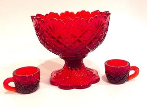 WESTMORELAND RUBY RED FAN,DIAMOND,STAR PATTERN CANDY GLASS BOWL PUNCH SET - Picture 1 of 12
