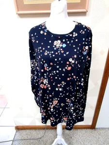 CROFT & BARROW-NAVY/MULTI-FLORAL-ROUND NECK-LONG SLEEVE-KNIT TOP-SIZE-4X-NWT - Picture 1 of 4