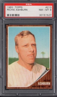 1962 Topps #213 Richie Ashburn (hof) PSA 8 casi nuevo/como nuevo ¡centrado en los Mets de Nueva York! Foto 1 de 2