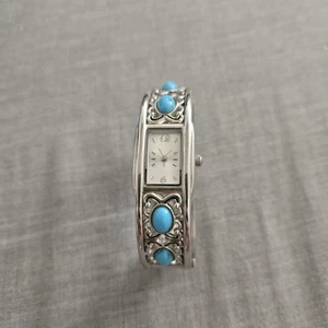 Braclet Watch Women’s Jewelry Silver Tone Blue Stones Hinge Clasp Untested VTG - Picture 1 of 6