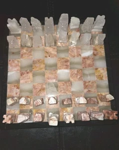 Handmade White and Brown Onyx Marble Granite Chess Game Set Handcrafted 9x9 - Picture 1 of 13