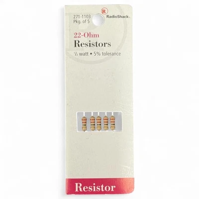 Radio Shack 271-1103, 22-Ohm Resistor 1/2 Watt 5% Tolerance – (Pack of 5) - Image 1 of 2