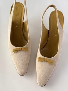 PRADA SLINGBACK KITTEN HEELS CANVAS OLIVGRÜN LEDER SCHLEIFE SPITZ ZULAUFEND 40 US 9 - Bild 1 von 11