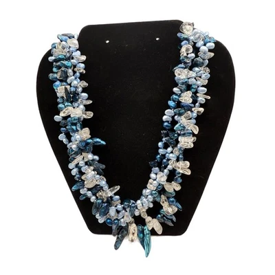 Mermaid Blue 3 Strand Glass & Pearl Necklace 925 Silver Toggle Statement Ocean - Image 1 of 4