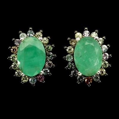 925 Orecchini Argento Sterling Ovale Smeraldo 7x5mm Zaffiro Diamante Cut Gemma - Immagine 1 di 4