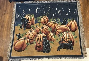 Vintage Halloween Decke Wandteppich Überwurf schwarze Katzen Kürbisse Monde 62”x51” - Bild 1 von 7