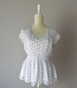 Top peplum manga corta forrado semi transparente geo azul marino antiguo blanco para mujer S 23' - Imagen 1 de 20